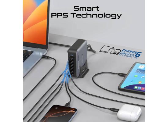 Promate PowerBase-GaN285 Charging Station, 6-Port USB-C Desktop Charger with PPS , 1.5M Cable
