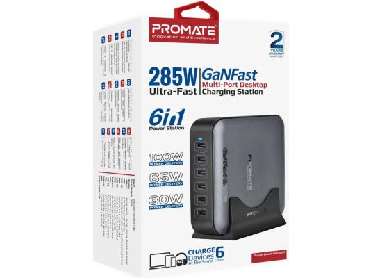 Promate PowerBase-GaN285 Charging Station, 6-Port USB-C Desktop Charger with PPS , 1.5M Cable