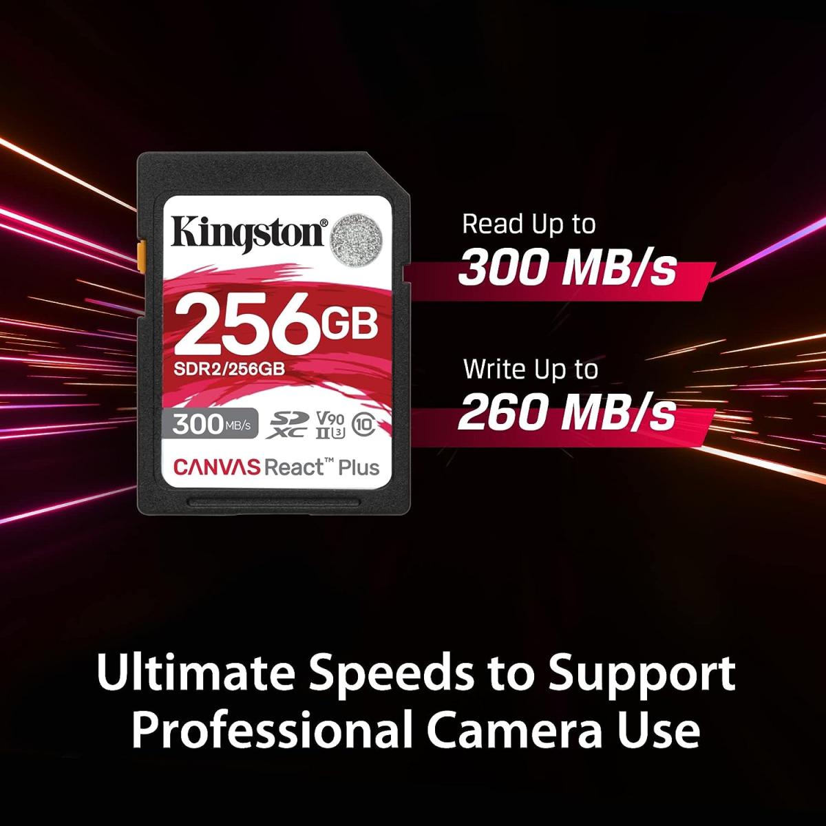 Kingston 256GB SDXC Canvas React Plus 300MB/s Read For UHS-II 4K/8K Professional Cinema Cameras Memory Card