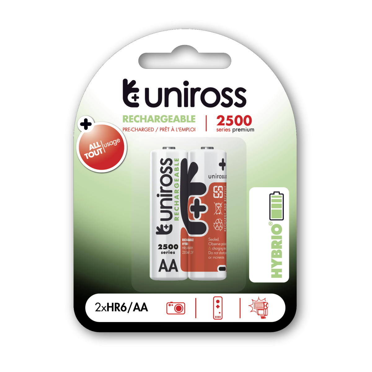 Uniross Hybrio AA 2500 mAh NiMH Rechargeable Batteries Pack of 2