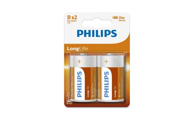 Philips LongLife Zinc Batteries D - Pack of 2