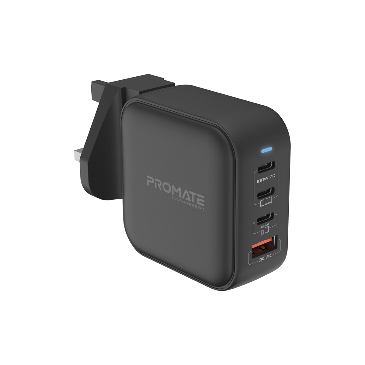 Promate GaNPort4-100PD  Super-Fast 100W Dual USB-C Power Delivery Wall Charger