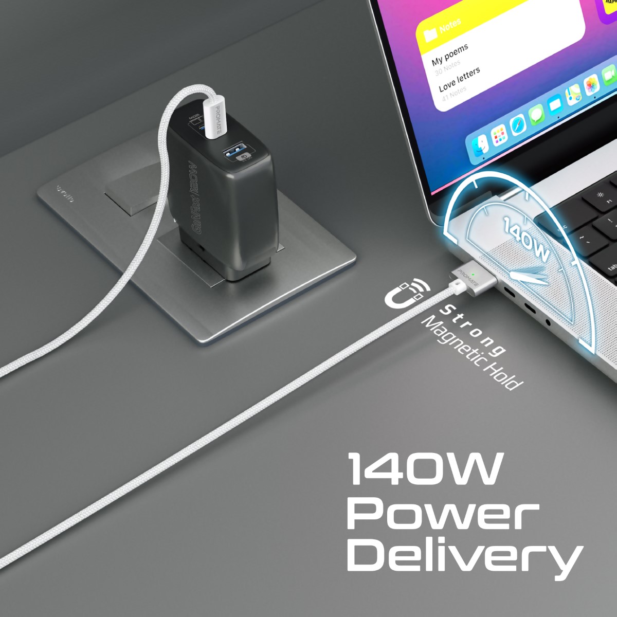 Promate MagCord-140PD MacBook Cable, Durable USB-C to MagSafe 3 Charging Cable with 140W, 2M  Strong Magnetic Connectors