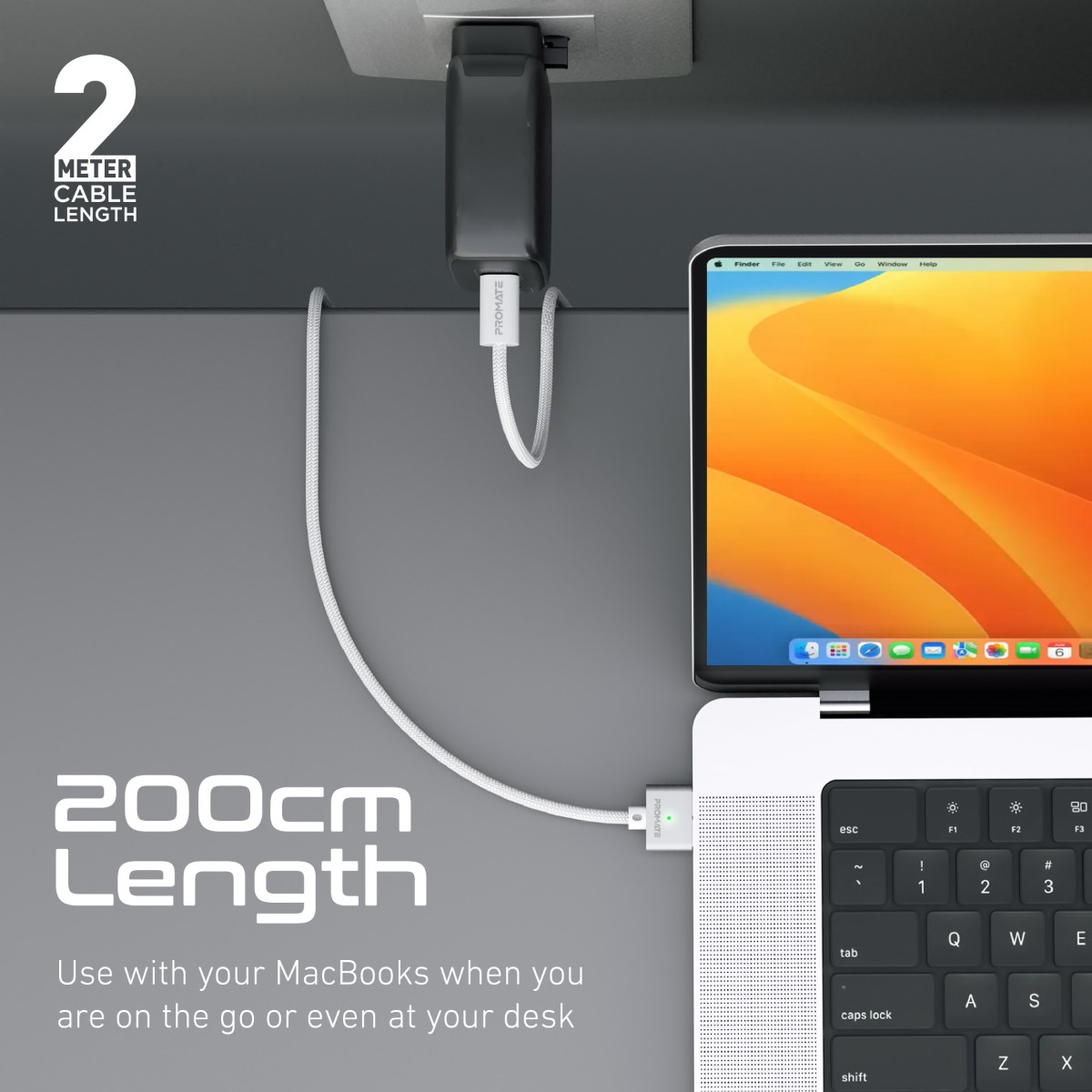 Promate MagCord-140PD MacBook Cable, Durable USB-C to MagSafe 3 Charging Cable with 140W, 2M  Strong Magnetic Connectors
