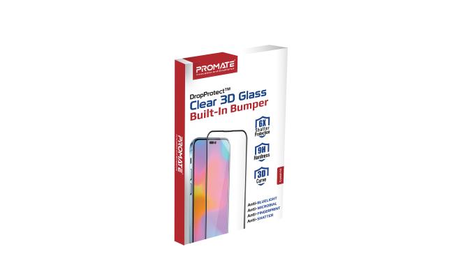 Promate Crystal-i14Pro Clear Glass Screen Protector, Anti-Fingerprint with Built-In Silicone Bumpe