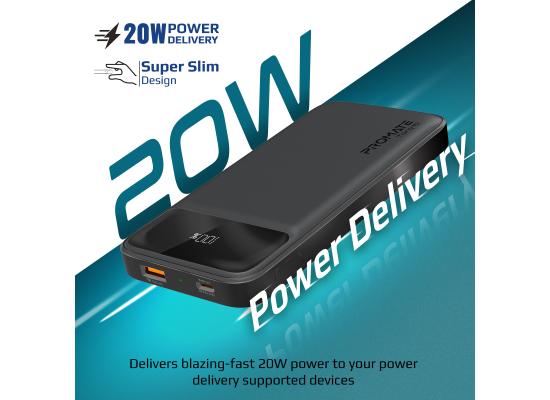 Promate Torq-10 10000Mah Power Bank,Ultra-Slim with 20W USB-C Power Delivery Port