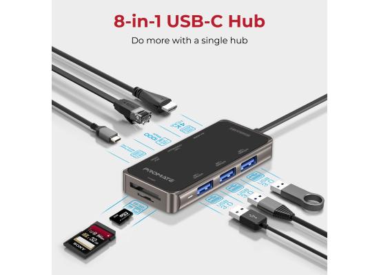 Promate PrimeHub-mini  8 IN 1 Type-C Adapter 100W Power Delivery