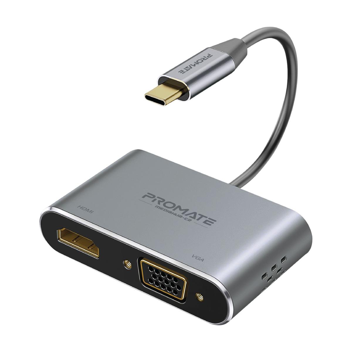 Promate MediaHub-C2  USB-C Display Adapter, Premium 2-In-1 USB-C to 1080 60Hz VGA and 4K 30Hz HDMI Adapter with Dual Screen Display Support