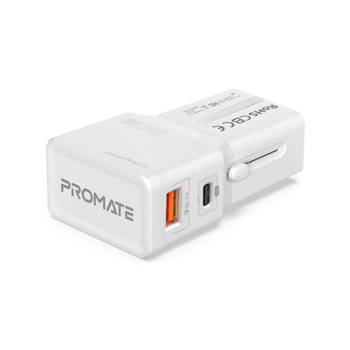 Promate TriPlug-PD20 International Travel Adapter with USB-C 20W PD