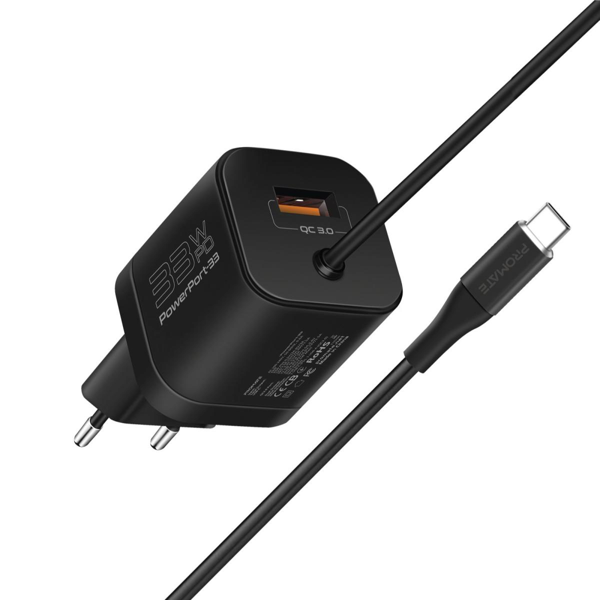 Promate PowerPort-PDQC3/33W Super Speed Wall Charger with Quick Charge 3.0 & USB-C Power Delivery