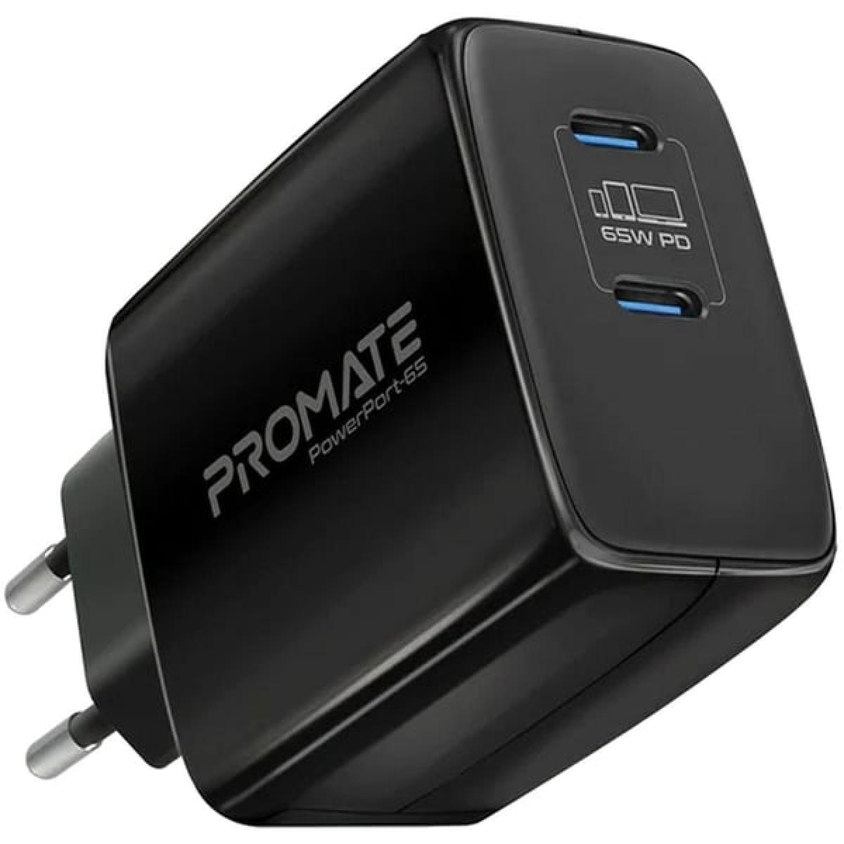 Promate PowerPort-65W Super Speed GaN Fast Charging Adapter with Dual USB Ports