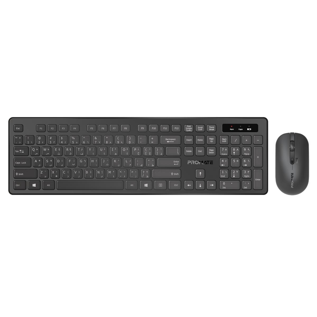 Promate  ProCombo-13 Wireless Keyboard and Mouse Combo with Adjustable 1600 DPI, Slim Profile Quiet Keys with Arabic Characters