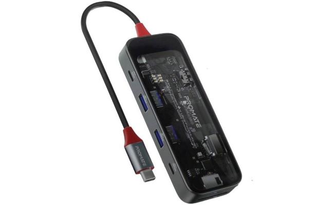 Promate TransHub-Mini 8-in-1 Transparent Ultra-Fast Multi-Port USB-C Hub with 100W PD