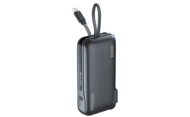 Promate PowerPack-10C Ultra-compact-Fast Charging Power Bank with AC Charger & Built-In USB-C Cable