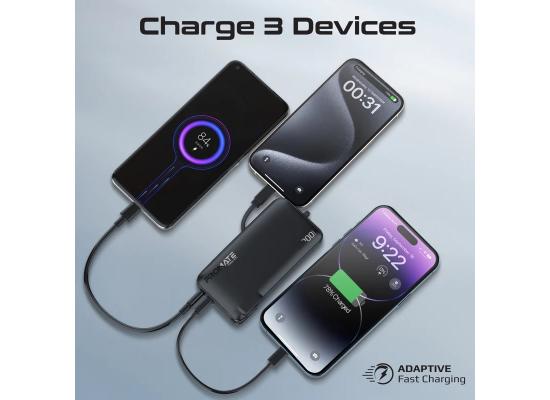 Promate PowerPack-10C Ultra-compact-Fast Charging Power Bank with AC Charger & Built-In USB-C Cable