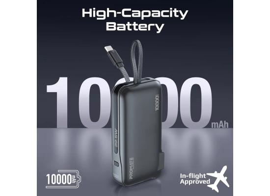 Promate PowerPack-10C Ultra-compact-Fast Charging Power Bank with AC Charger & Built-In USB-C Cable