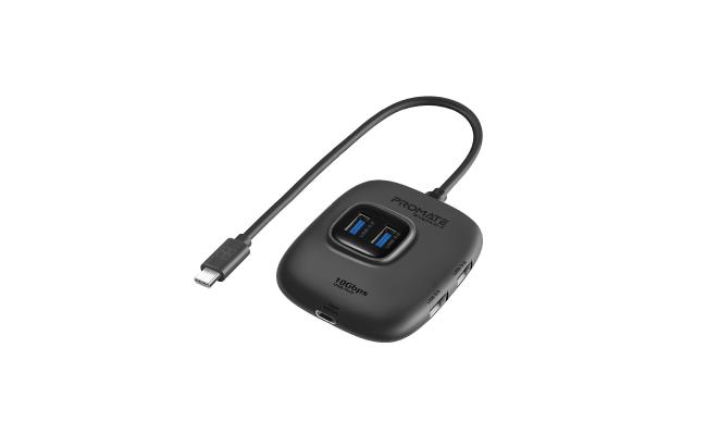 Promate SnapHub-4 5-in-1 Type-C Sync/Charge Adapter with USB-A Adapter, 100W USB-C Power Delivery Port, 10Gbps 4 USB 3.2 Ports