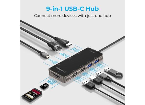 Promate PrimeHub-Go 9 In 1 Type-C Adapter 100W Power Delivery