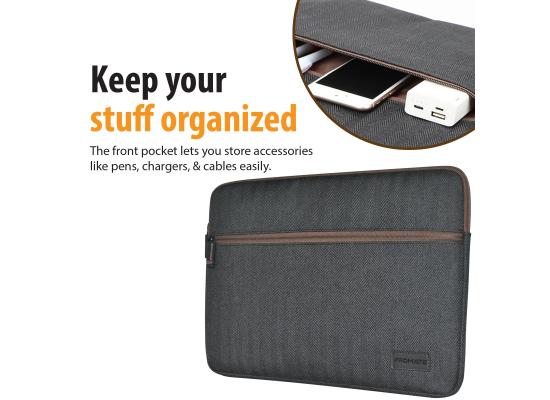 Promate Portfolio-L Lightweight Laptop Sleeve with Water Repellent Protective Fabric for Laptops Up To 16"																	