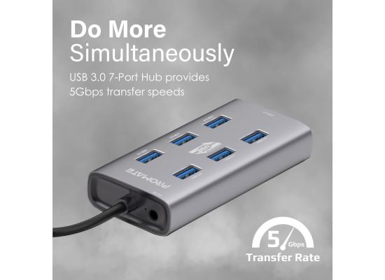 Promate ezHub-7 7 in 1 Aluminium Alloy Powered USB Hub 7 USB 3.0 Ports USB-C Adaptor 5Gbps Transfer Rate Data & Charge