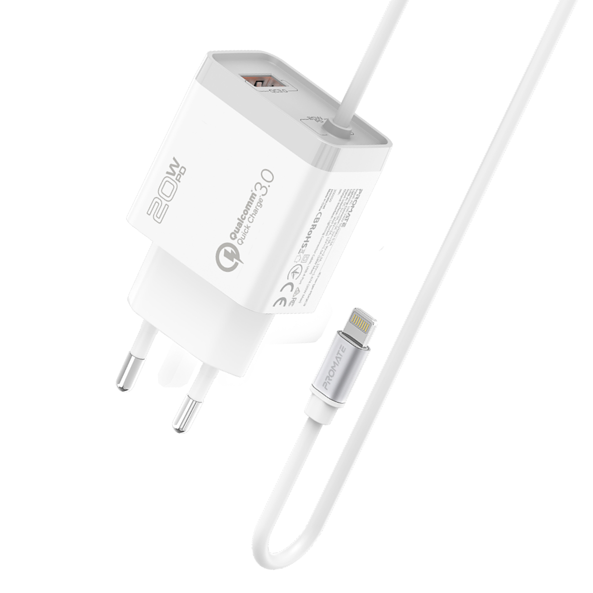 Promate iCharge-PDQC3 Fast Charging 20W Power Delivery Wall Charger with 1.5m Lightning Cable