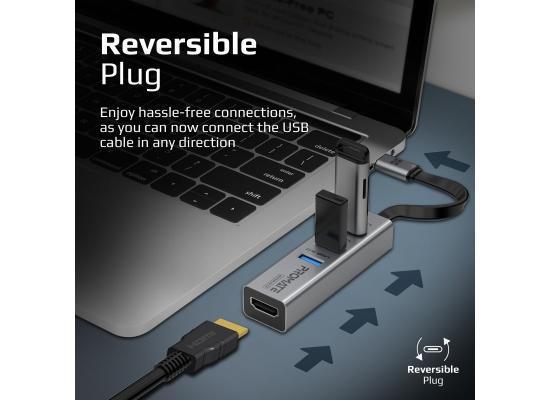 Promate MediaHub-C3 USB Type-C to HDMI Multiport Adapter, Premium HD USB-C to 4K 30Hz HDMI Converter with 3 USB Sync Charge Ports