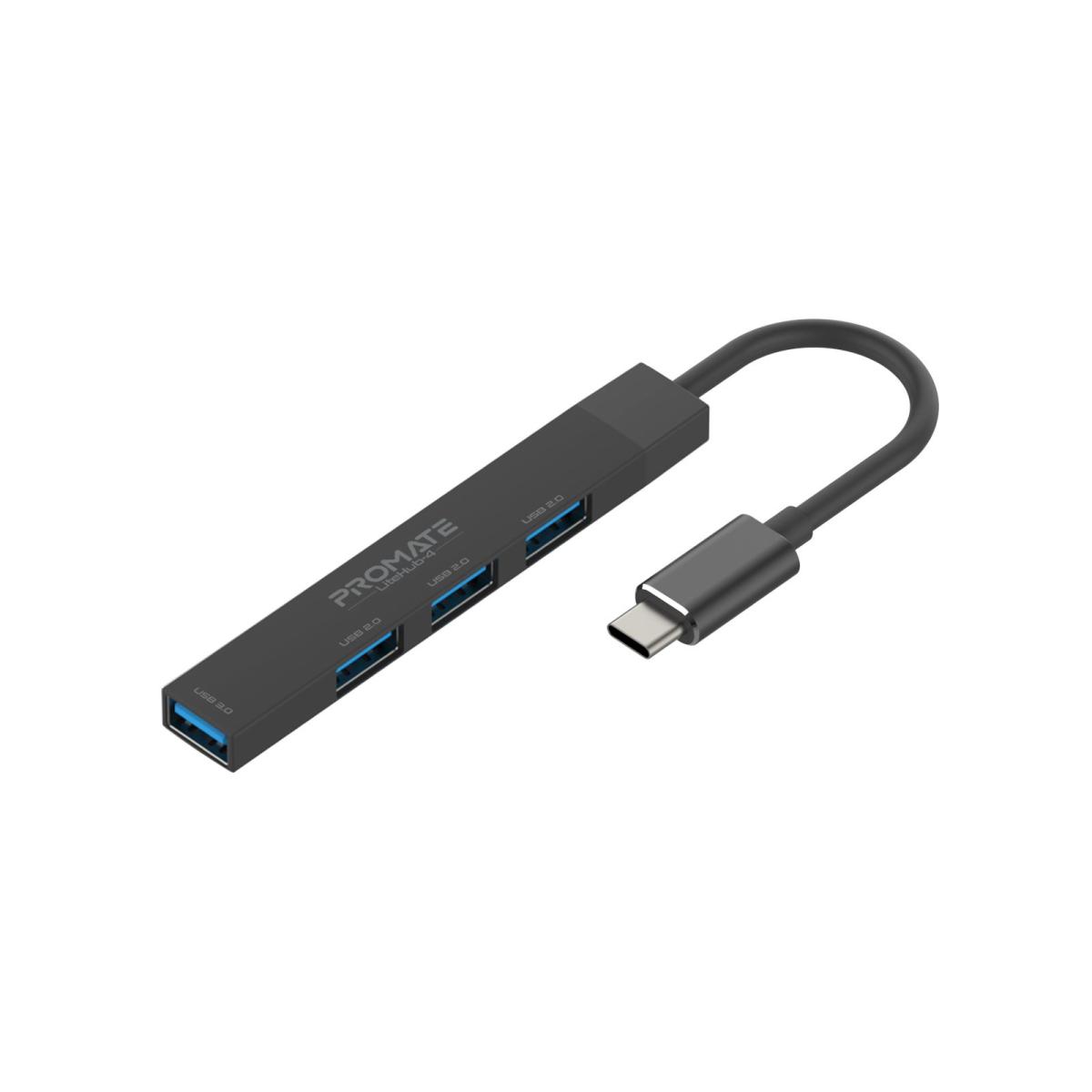 Promate LiteHub 4-in-1 Multi-Port USB-C Data Hub, Charge Adapter with USB-A Adapter