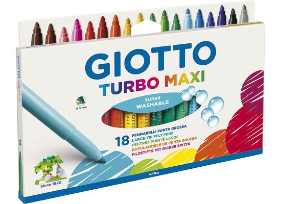 GIOTTO Turbo Maxi Super Washable Felt Tip Fibre Pens, Large Nib 5mm, Pack o 18