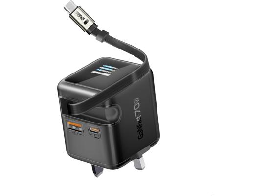 Promate GaNFast Wall Charger With Retractable USB-C Cable 70W Cubix-R70 - Black