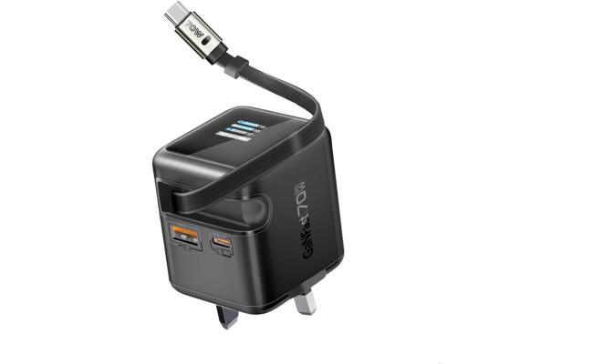 Promate GaNFast Wall Charger With Retractable USB-C Cable 70W Cubix-R70 - Black