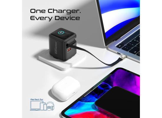 Promate GaNFast Wall Charger With Retractable USB-C Cable 70W Cubix-R70 - Black