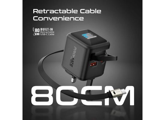 Promate GaNFast Wall Charger With Retractable USB-C Cable 70W Cubix-R70 - Black