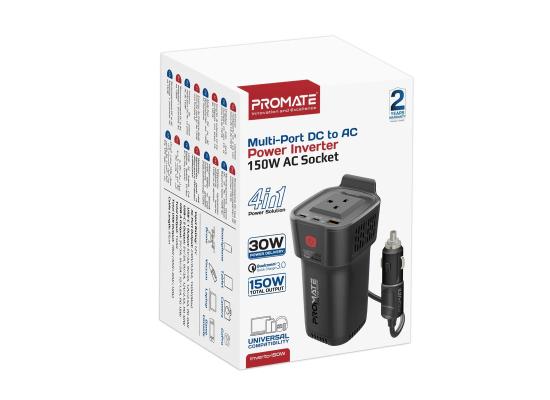 Promate Inverto-150W Multi-Port DC to AC Power Inverter with 150W AC Socket