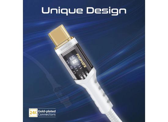 Promate LucidLine-CC200 High Tensile Transparent 100W Power Delivery USB-C Cable with LED Light - White