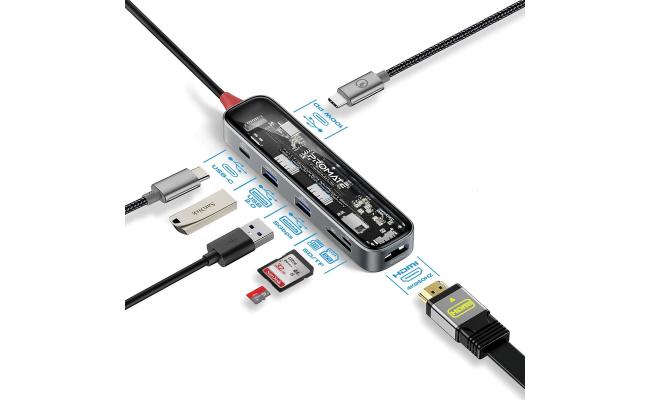 Promate TransHub-Lite 7-in 1 Transparent Multiport Slim USB-C Hub with 100W Power Delivery