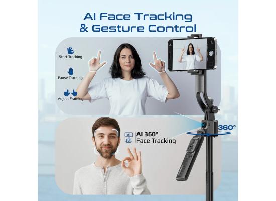 Promate TriPop-Ai 360° Ai Face Tracking Telescopic Selfie Stick with Auto Pop open Tripod Base