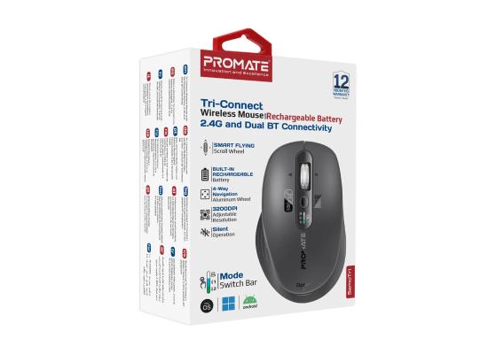 Promate SamoTri Tri-Connect Wireless Mouse with Rechargeable Battery, 2.4G and Dual BT Connectivity