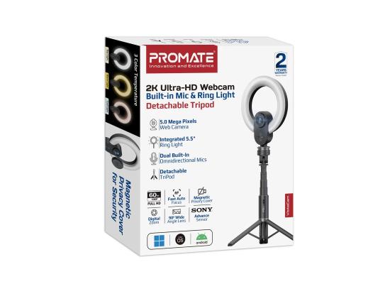 Promate VistaCam 2K Ultra-HD Webcam with Built-in Mic & Ring Light and detachable Tripod