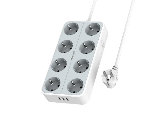 Promate PowerCord8EU-2M 4000W EU Power Strip with 8 AC Outlets & 3 USB Ports