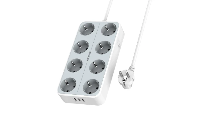 Promate PowerCord8EU-2M 4000W EU Power Strip with 8 AC Outlets & 3 USB Ports