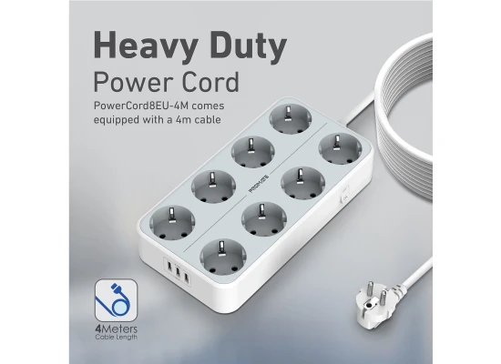 Promate PowerCord8EU-4M 4000W EU Power Strip with 8 AC Outlets & 3 USB Ports